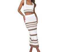 Skang Damen Rock Lang Elegant 2023 Sommer Damenbekleidung quadratische Kragen gestreifte Hohle Anzug Kurze Weste Schlitz Langen Rock weiblich Strickrock (Khaki, S)