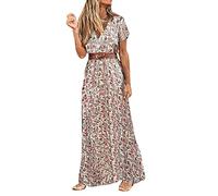 Skang Damen Sommerkleid Boho Elegant V-Ausschnitt Kurzarm Maxikleid Drucken Sommer Lang Kleid Strandkleid Böhmisch Blumenkleid Partykleid Freizeitkleid mit Gürtel