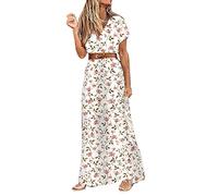 Skang Damen Sommerkleid Boho Elegant V-Ausschnitt Kurzarm Maxikleid Drucken Sommer Lang Kleid Strandkleid Böhmisch Blumenkleid Partykleid Freizeitkleid mit Gürtel