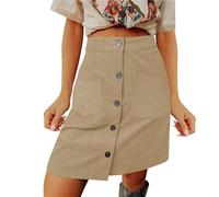 Skang Damenrock Sommer Cordröcke für Damen, Herbst/Winter, hohe Taille, Knopfleiste, A-Linie, kurzer Minirock mit Taschen Rock Elegant Festlich
