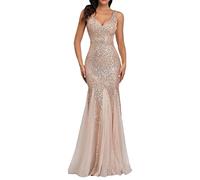 Skang Festliche Kleider Damen Abendkleid Damen Pailletten Doppel-V-Ausschnitt Spitze Besticktes Figurbetontes -Abendkleid für Damen Silber Kleid Damen Elegant