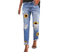 Skang Leichte Sommerhose Damen-Jeans mit geradem Bein und verwaschenem Boyfriend-Jeans im Distressed-Saum Jeanshosen Damen Stretch Mit Applikationen