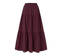Skang Maxi Rock Für Damen Sommer Damen-Frühling/Sommer, lässig, hohe Taille, Baumwolle und Leinen, einfarbig, plissiert, lockerer Swing, halblanger Rock Rock A Linie Knielang