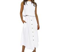 Skang Maxi Rock Für Damen Sommer Solides ärmelloses Top-Knopfrock-Baumwolllepra-zweiteiliges langes Kleiderset für Damen Roter Tüllrock Damen Mit Weißen Punkten