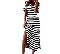 Skang Sommerkleid Damen Midi Damen-Sommer-Streifen-Maxikleid mit kurzen Ärmeln und V-Ausschnitt, lässige, lockere, Lange Strand-Split-Kleider Hemdkleid