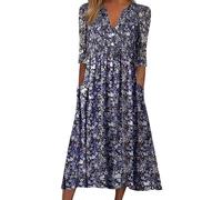 Skang Sommerkleid Große Größen Damen Kleid für Damen, lässig, V-Ausschnitt, Musterdruck, kurzärmelig, Blumendruck, Kleid mit Tasche, lässiges langes Kleid Damen Kleid A Linie