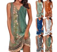 Skang Sommerkleider Damen Ärmellos Blumen T-Shirt Strandkleid Leichte Lässige Boho Tank Kleid Sommer V-Ausschnitt A-Linie Kleid Lose Tunika Freizeitkleid Bohemian MiniKleid