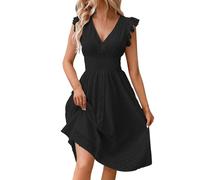 Skang Sommerkleider Damen Sale Sommerkleid Damen Leicht Midi-Damenkleid mit Spitzen-Jacquard-Ausschnitt und schlankmachendem V-Ausschnitt in Übergröße Weite Kleider Kleider für Schwangere