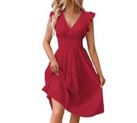 Skang Sommerkleider Sale Sommerkleid Damen Leicht Midi-Damenkleid mit Spitzen-Jacquard-Ausschnitt und schlankmachendem V-Ausschnitt in Übergröße Weite Kleider Tunika Damen Sommerkleid