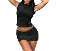 Skang Zweiteiler Damen Sommer Rock Und Top Damen 2-teiliges Outfit, ärmellos, U-Boot-Ausschnitt, bauchfreie Tops, sexy, figurbetont, Mini-Club-Rock-Set, Kleid Anzug Damen Elegant 2 Teiler