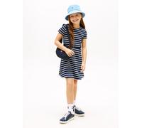 Skaterkleid TOMMY HILFIGER "ESSENTIAL PUNTO SKATER DRESS SS", Mädchen, Gr. 12 (152), N-Gr, schwarz night navy stripes, Web, Obermaterial: 72% Polyester, 23% Modal, 5% Elasthan, gestreift, regular fit