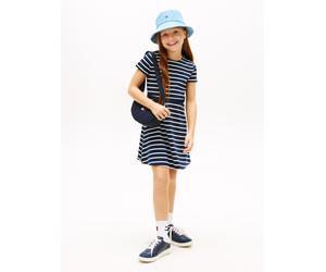 Skaterkleid TOMMY HILFIGER "ESSENTIAL PUNTO SKATER DRESS SS", Mädchen, Gr. 12 (152), N-Gr, schwarz night navy stripes, Web, Obermaterial: 72% Polyester, 23% Modal, 5% Elasthan, gestreift, regular fit