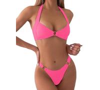 SKAYS Sexy zweiteiliges Damen-Bikini-Set, dreieckig, gerippter Halfterring, stilvoll, hoher Schnitt, Tanga, Bademode, Baden, Pink, XL