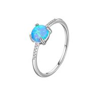 Skcess 14K Weißgold Ring Damen Blau Opal Ring 6x6mm, Rund mit Blauem, Rundem Zirkonia Fingerring Damen Größe 53 (16.9)