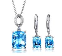 Skcess Schmuck Set Silber 925 Damen, Blaue ohrringe Zirkonia Halskette Anhänger Damen Tropfen viereckige Ohrringe mit Blauen Topas Schmuckset 3Tlg