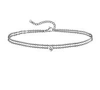 Skcess Weißgold 14K Fußkettchen Boho Style, Fußkettchen für Damen Lang Au585 Gold Doppelkette mit Herz Buchstaben Q Armband Charms für Damen, 30cm Länge