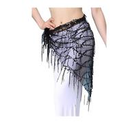 Skdvy Bauchtanz Hüftschal,Bauchtanz Hüfttuch aus Chiffon Bauchtanz Kleidung Zubehör Dehnbar Langer Quaste Dreieck Gürtel Hand Häkeln Bauchtanz Hüfte Schal(Black Gold Sequins)