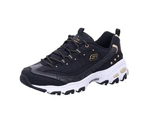 Skechers D'lites Damen Night Sneaker, Schwarzer Duraleather Goldbesatz, 40 EU