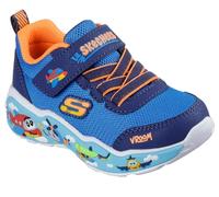 Sneaker SKECHERS "PLAY SCENE", Kinder, Gr. 23, blau (blau, orange), Lederimitat, Mesh, kontrastfarbene Details, casual, Schuhe, Freizeitschuh mit bedruckter Sohle, Größenschablone zum Download (640442