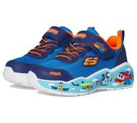 Sneaker SKECHERS "PLAY SCENE", Kinder, Gr. 25, blau (blau, orange), Lederimitat, Mesh, kontrastfarbene Details, casual, Schuhe, Freizeitschuh mit bedruckter Sohle, Größenschablone zum Download (640442