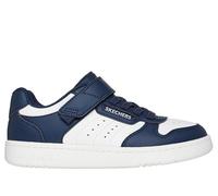 Sneaker SKECHERS "QUICK STREET", Kinder, Gr. 32, blau (navy, weiß), Lederimitat, kontrastfarbene Details, sportlich, Schuhe, Retro Sneaker mit Klettverschluss, Größenschablone zum Download (98341835-3