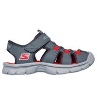 Sandale SKECHERS "RELIX-VALDEX", Kinder, Gr. 30, grau (grau, rot), Lederimitat, Textil, kontrastfarbene Details, Schuhe Sandale, Badesandale mit leichter Laufsohle, Größenschablone zum Download (13699