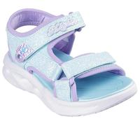 Sandale SKECHERS "SOLA GLOW SANDAL", Mädchen, Gr. 31, bunt (hellblau, lavendel), Lederimitat, Textil, Glitzer, kontrastfarbene Details, Schuhe Sandale, Sommerschuh mit Klettverschluss, Größenschablone