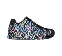 Wedgesneaker SKECHERS "UNO-SPREAD THE LOVE", Damen, Gr. 40, schwarz (schwarz multi), Lederimitat, kontrastfarbene Details, sportlich, Schuhe, Freizeitschuh, Halbschuh, Schnürschuh mit coolem Graffiti-