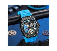 (Skelett blau schwarz) 2024 Herren-Skelett-Automatikuhr mit Tourbillon, Vintage-Stil, Tonneau-Zifferblatt,