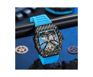(Skelett blau schwarz) 2024 Herren-Skelett-Automatikuhr mit Tourbillon, Vintage-Stil, Tonneau-Zifferblatt,