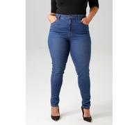 Skinny-fit-Jeans ANISTON PLUS, Damen, Gr. 52, N-Gr, blau (dunkelblau), Denim/Jeans, Obermaterial: 81% Baumwolle, 17% Polyester, 2% Elasthan, Abriebeffekte, unifarben, figurumspielend knöchellang, Jean