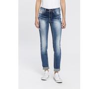 Skinny-fit-Jeans ARIZONA "mit Kontrastnähten und Pattentaschen", Damen, Gr. 42, N-Gr, blau (blau used), Denim/Jeans, Obermaterial: 98% Baumwolle, 2% Elasthan, Destroyed-Effekte, Basic, skinny fit lang