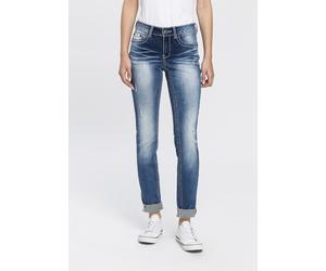 Skinny-fit-Jeans ARIZONA "mit Kontrastnähten und Pattentaschen", Damen, Gr. 48, N-Gr, blau (blau used), Denim/Jeans, Obermaterial: 98% Baumwolle, 2% Elasthan, Destroyed-Effekte, Basic, skinny fit lang