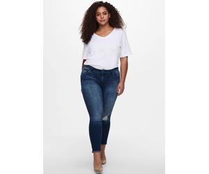 Skinny-fit-Jeans ONLY CARMAKOMA "CARWILLY REG SKINNY ANK JEANS", Damen, Gr. 42, Länge 32, blau (blau, used), Jeans, Obermaterial: 94% Baumwolle, 4% Polyester, 2% Elasthan, Destroyed-Effekte, knöchelfr