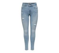 Skinny-fit-Jeans ONLY "ONLPOWER MID DEST SKINNY DNM", Damen, Gr. XS (34), Länge 30, light blau denim, Denim/Jeans, Obermaterial: 92% Baumwolle, 6% Polyester, 2% Elasthan, Destroyed-Effekte, unifarben,