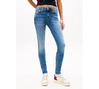 Skinny-fit-Jeans TOMMY JEANS "SOPHIE LW SKN", Damen, Gr. 31, Länge 32, blau (denim medium), Denim/Jeans, Obermaterial: 98% Baumwolle, 2% Elasthan, unifarben, skinny fit knöchellang, Jeans, mit Logo-Ba