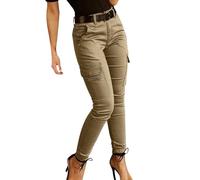 Skinny Jeans Damen Low Rise, Baumwolle Cargo Hose Frauen Magic Shaping Elastische Taille Jegging Jeans Slim Fit Bündchen Knöchel Stretch Trendy Damen Hose Denim Hose mit Taschen, khaki, M
