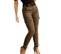 Skinny Jeans Damen Low Rise, Baumwolle Cargo Hose Frauen Magic Shaping Elastische Taille Jegging Jeans Slim Fit Bündchen Knöchel Stretch Trendy Damen Hose Denim Hose mit Taschen, coffee, S