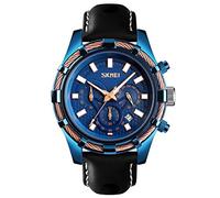 Skmei Herren-Armbanduhr mit großem Zifferblatt, wasserdicht, leuchtend, modisch, lässig, analog, Quarz, Chronograph, goldfarbenes Lederband, Sportarmbanduhr, Geschenk blau