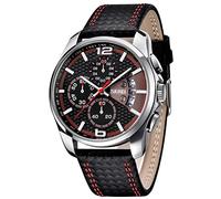 SKMEI Herren-Armbanduhr, schwarzes Lederband, großes Zifferblatt, luxuriös, wasserdicht, leuchtend, modisch, lässig, analog, Quarz, Chronograph, Vatergeschenk, Armbanduhr, Rote Zeiger, Classic