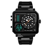 SKMEI Herren Digital Sportuhr LED Quadratisch Großes Gesicht Analog Quarz Armbanduhr mit Multi-Time Zone Wasserdicht Stoppuhr, Stahl schwarz, 2*1.89*0.55 inch, Classic