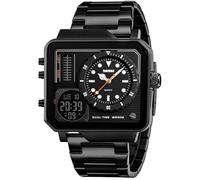 SKMEI Herren Digital Sportuhr LED Quadratisch Großes Gesicht Analog Quarz Armbanduhr mit Multi-Time Zone Wasserdicht Stoppuhr, Stahl schwarz, 2*1.89*0.55 inch, Classic