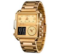 SKMEI Herren Digital Sportuhr LED Quadratisch Großes Gesicht Analog Quarz Armbanduhr mit Multi-Time Zone Wasserdicht Stoppuhr, Gold-Licht, 1.78*1.61*0.55 inch, Business