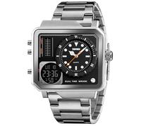SKMEI Herren Digital Sportuhr LED Quadratisch Großes Gesicht Analog Quarz Armbanduhr mit Multi-Time Zone Wasserdicht Stoppuhr, Stahl, Silber, 2*1.89*0.55 inch, Classic