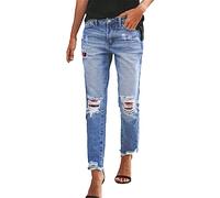 SkotO Mid Waist Jeans Löcher - Denimhose Elegante Röhrenjeans Destroyed Jeansoptik Freizeithose Lässige Strecken Hüftjeans Zerrissenes Boyfriend-Hose Knopfleiste Straight Leggings Mit Löchern