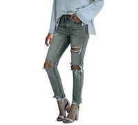 SkotO Mid Waist Jeans Löcher - Denimhose Elegante Röhrenjeans Destroyed Jeansoptik Freizeithose Lässige Strecken Hüftjeans Zerrissenes Boyfriend-Hose Knopfleiste Straight Leggings Mit Löchern