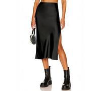 Skrtimory Damen-Satinrock mit hohem Bund und Schlitz, Midi-Länge, elastischer Bund