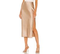 Skrtimory Damen-Satinrock mit hohem Bund und Schlitz, Midi-Länge, elastischer Bund, Champagner, Mittel