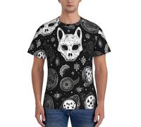 Skull Cat Moon Gothic Herren T-Shirt Sommer Rundhals Slim Fit Kurzarm, Schwarz , M