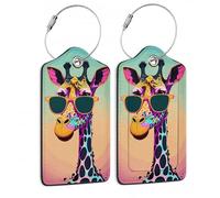 SKYDAWNY Gepäckanhänger aus Leder, 2 Stück, für Damen und Herren, lustige Giraffe, Sonnenbrillen, Koffer, Identifikatoren für Reisegepäck, Tasche mit Sichtschutz, Name, Adressetikett,